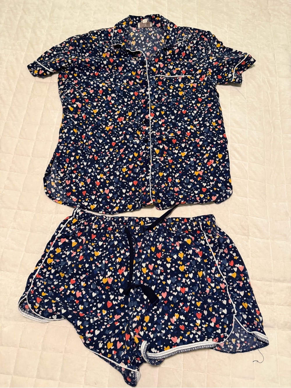 LOFT Navy Short Sleeve Heart Print Pajama Set with Multicolor Hearts